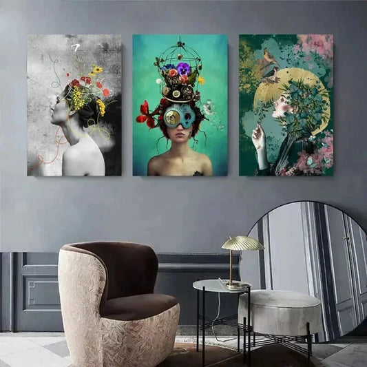 3pcs Surreal Woman with Floral and Nature Hat Metal Print Ready to Hang Art