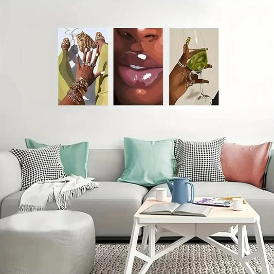 3pcs Fashion Theme African American Woman Metal Print Ready to Hang Art