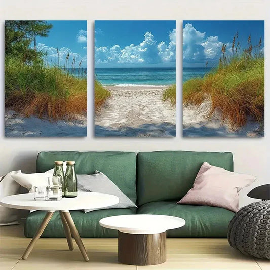 3pcs Tranquil Beach Ocean Shore Scene Metal Print Ready to Hang Art