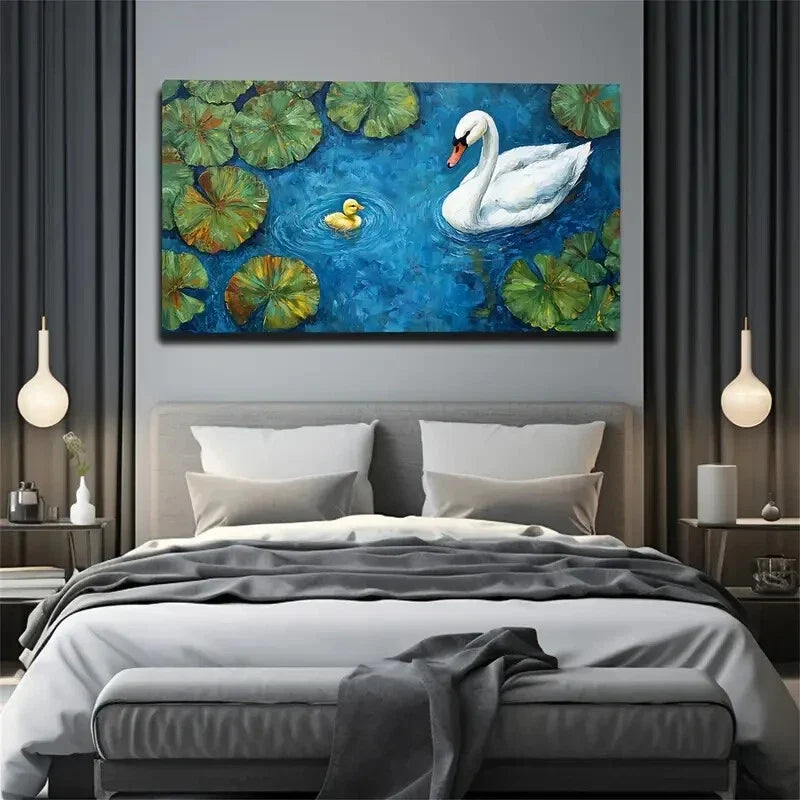 Realistic Swan Floating Water Wall Art Canvas Office Home Room Framed 120x60cm