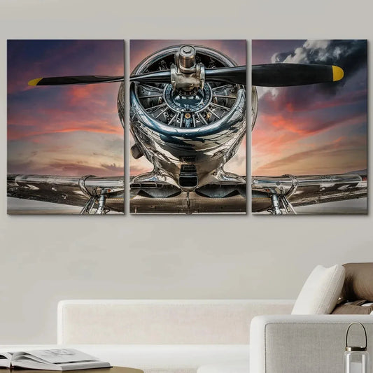 3pcs Sunset Skyline Airplane Propeller Vehicles Metal Print Ready to Hang Art
