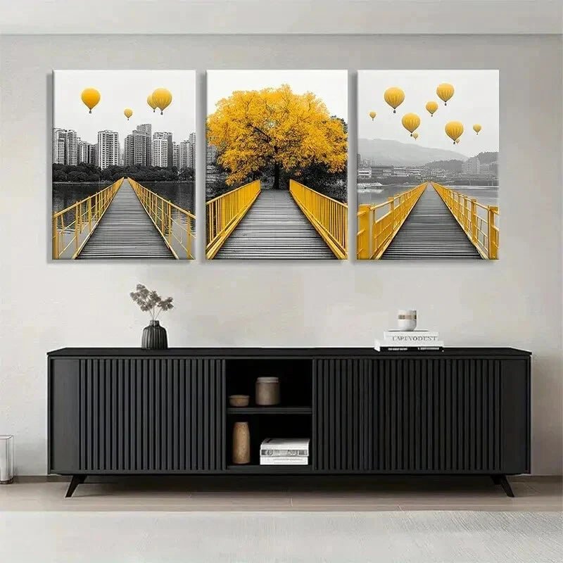 3pcs Yellow Bridge and Hot Air Balloon Perfect Wall Art Set Canvas Framed 40x60cm - High Quality Print 100% Australian Made Wall Canvas Ready to Hang