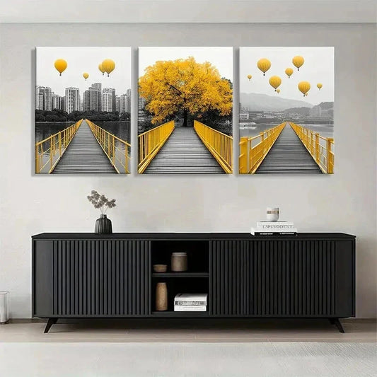 3pcs Yellow Bridge and Hot Air Balloon Perfect Wall Art Set Canvas Framed 40x60cm - High Quality Print 100% Australian Made Wall Canvas Ready to Hang