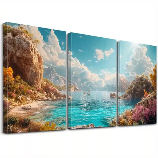 3pcsVibrant Cliffs Coastal Sunlit Turquoise Wall Art Set Canvas Framed 40x60cm - High Quality Print 100% Australian Made Wall Canvas Ready to Hang