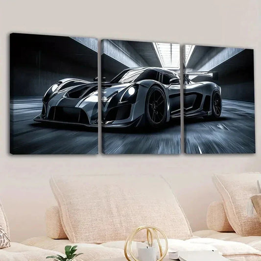 3pcs Classic Black Cool Sports Car White Lights Wall Art Set Canvas Framed 40x60cm - High Quality Print 100% Australian Made Wall Canvas Ready to Hang