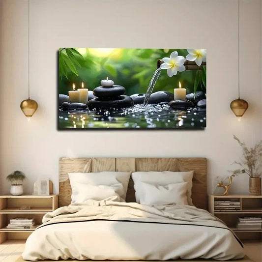 Serene Spa-Like Setting Rocks Wall Art Canvas Office Home Room Framed 120x60cm