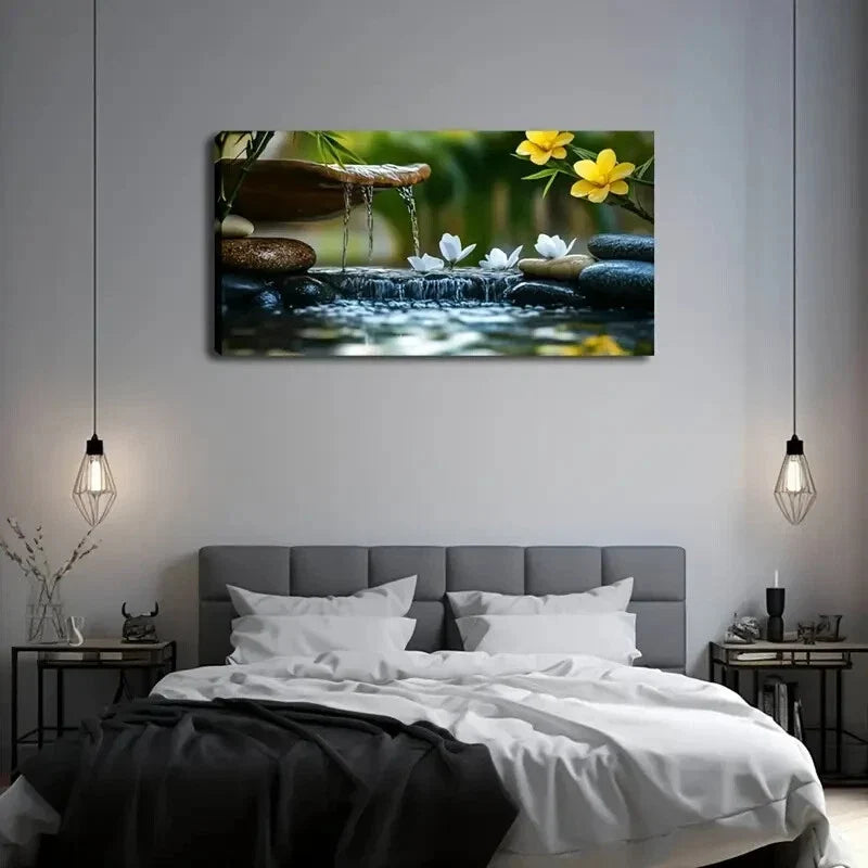 Tranquil Waterfall Scene Smooth Wall Art Canvas Office Home Room Framed 120x60cm