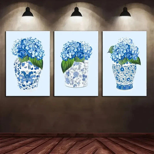 3pcs Blue And White Porcelain Poster Floral Art Metal Print Ready to Hang Art