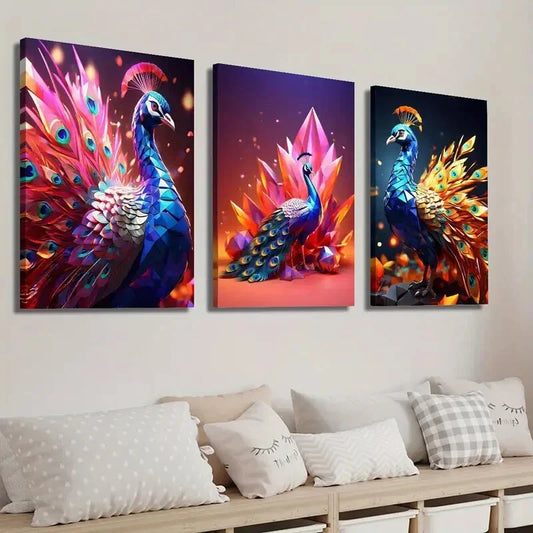 3pcs Vibrant Peacock Decor Wall Art Set Canvas Framed 40x60cm - High Quality Print 100% Australian Made Wall Canvas Ready to Hang