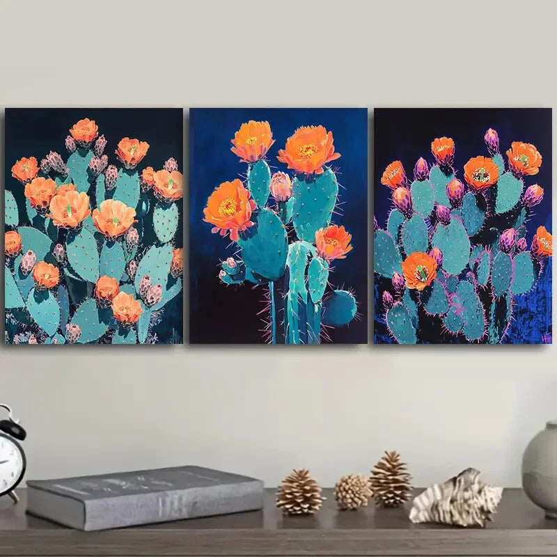3pcs Night cactus Painting Wall Art Set Canvas Framed 40x60cm - High Quality Print 100% Australian Made Wall Canvas Ready to Hang