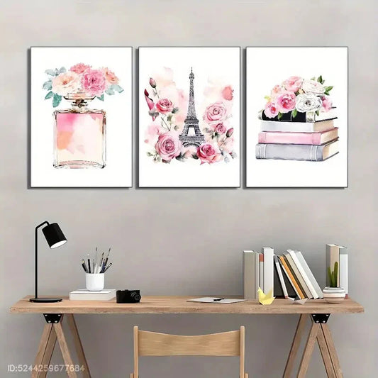 3pcs Eiffel Tower and Flowers Book and Flowers Metal Print Ready to Hang Art