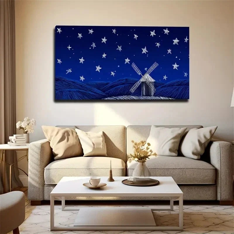 Tranquil Windmill Landscape Wall Art Canvas Office Home Room Framed 80x45cm
