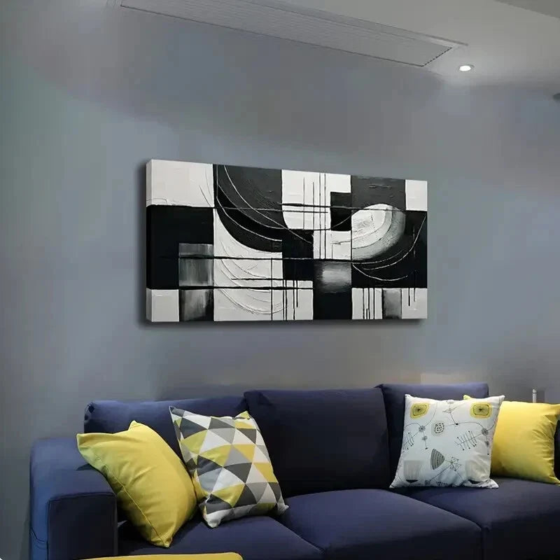 Black And White Abstract Paint Wall Art Canvas Office Home Room Framed 120x60cm