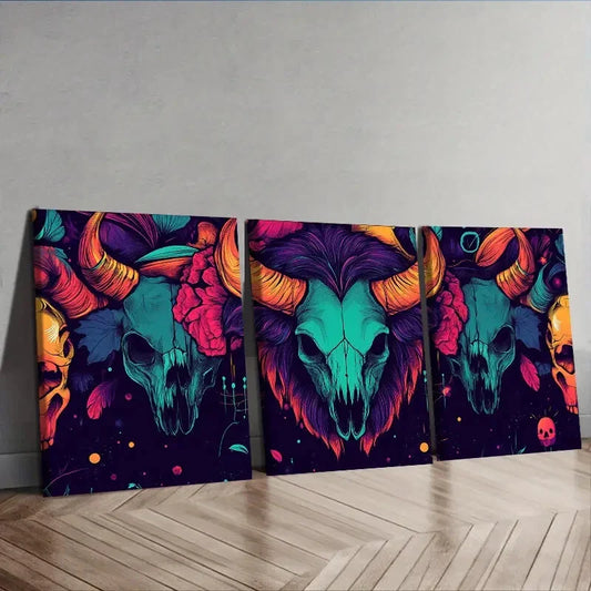 3pcs Deco Skulls and Bison Horns Wall Art Set Canvas Framed 40x60cm - High Quality Print 100% Australian Made Wall Canvas Ready to Hang