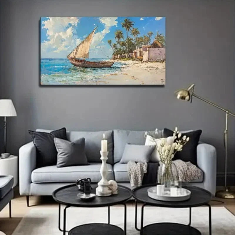 Sailboats By The Shore Measure Wall Art Canvas Office Home Room Framed 80x45cm