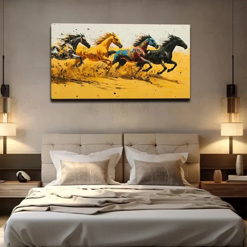 Four Running Horses Wall Art Canvas Office Home Room Framed 120x60cm