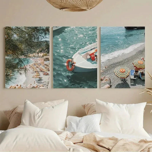 3pcs Amalfi Beach Beach Umbrella Metal Print Ready to Hang Art