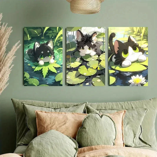 3pcs Cute Cat is on the Water Lotus Metal Print Ready to Hang Art