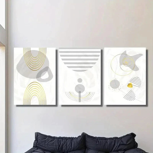 3pcs   Retro Golden Lines Gray and Golden Abstract  Metal Print Ready to Hang Art