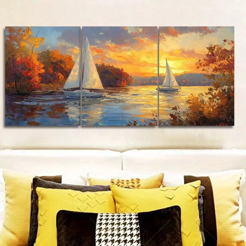 3pcs Serene Sailboat Sunset Scene Water   Wall Art Set Canvas Framed 40x60cm - High Quality Print 100% Australian Made Wall Canvas Ready to Hang