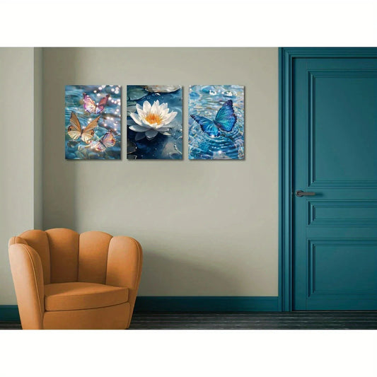 3pcs White Flower Pond Lake Painting Modern Metal Print Ready to Hang Art