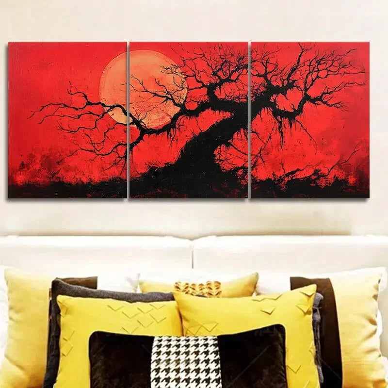 3pcs The Red Sun Tree, Luxurious Metal Print Ready to Hang Art