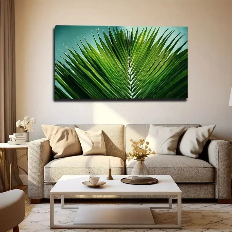 Vibrant Green Palm Leaf Wall Art Canvas Office Home Room Framed 80x45cm