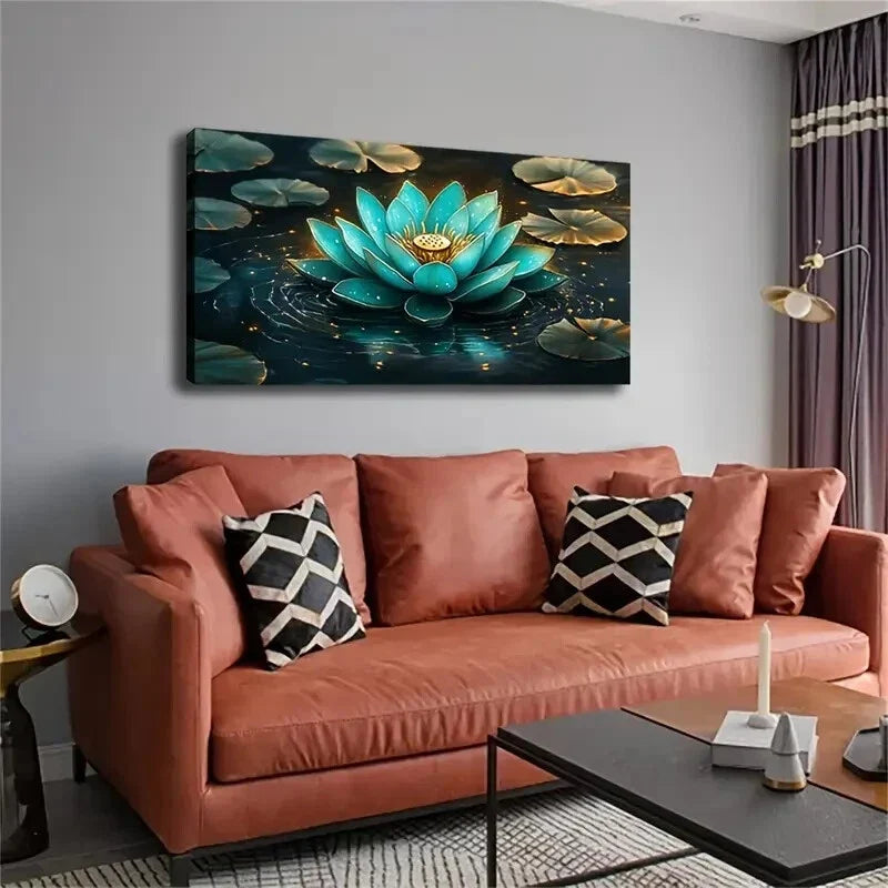 Realistic Blue-Green for Lotus Wall Art Canvas Office Home Room Framed 80x45cm