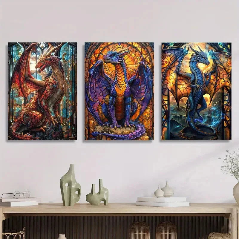 3pcs Majestic Dragon Paintings in Vibrant Staine Metal Print Ready to Hang Art