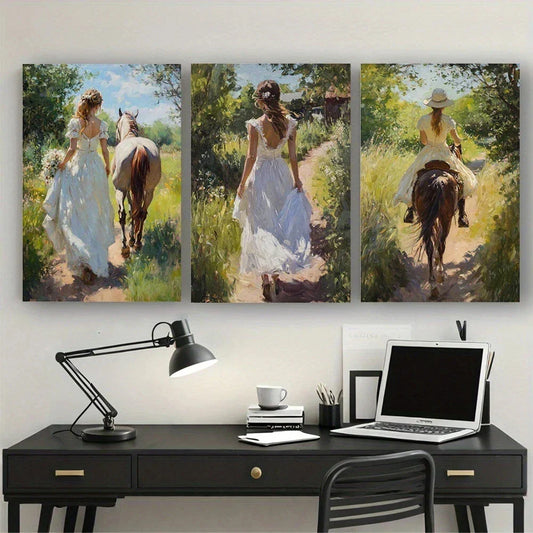 3pcs Horse Riding Theme Forest Blue Sky Metal Print Ready to Hang Art