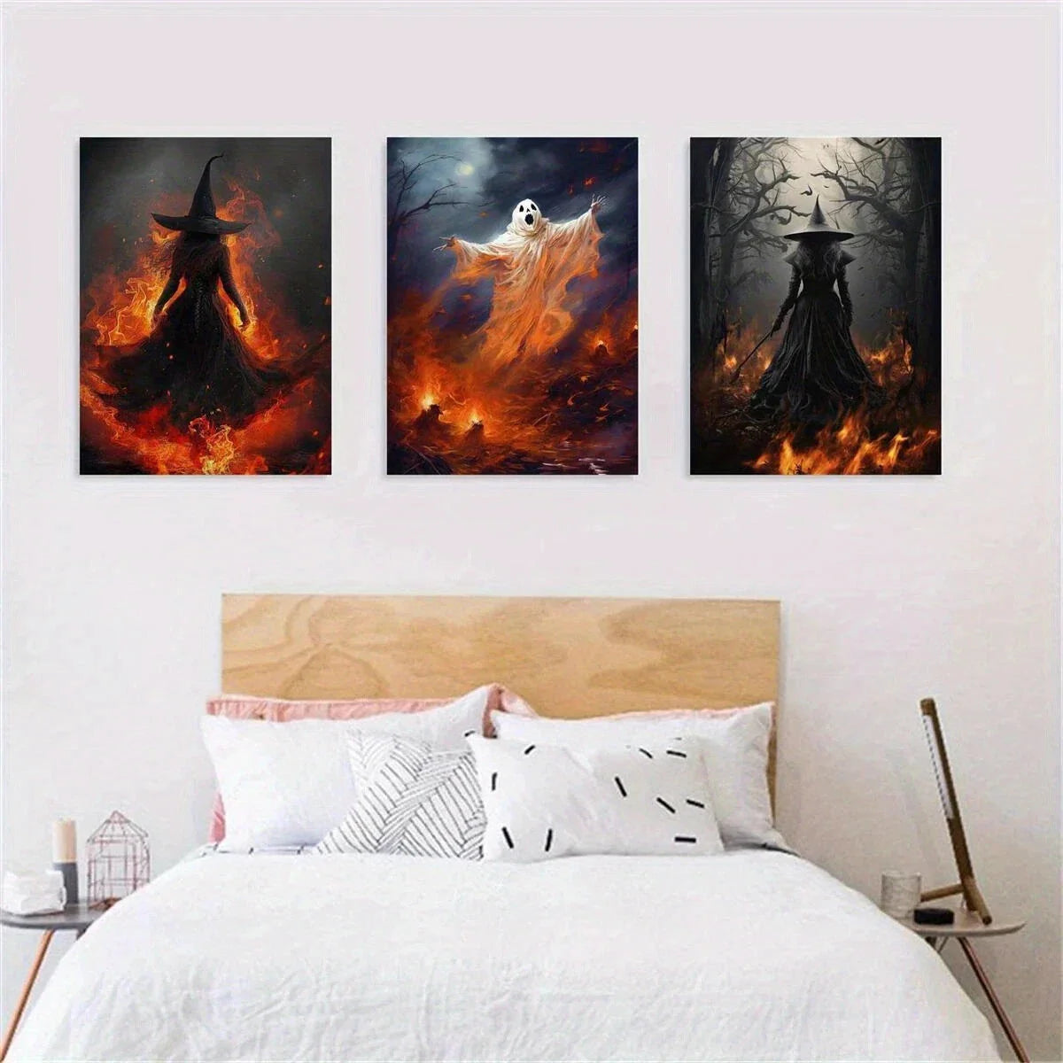 3pcs Spooky Witch Gothic Golden Fire Metal Print Ready to Hang Art