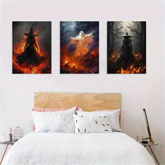3pcs Spooky Witch Gothic Golden Fire Metal Print Ready to Hang Art