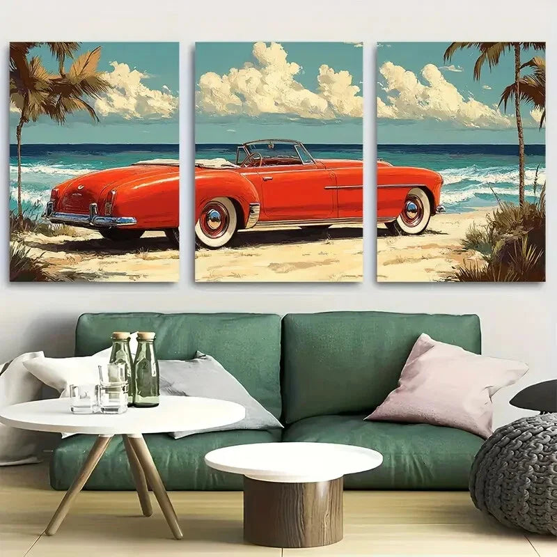 3pcs Retro Convertible on Beach Metal Print Ready to Hang Art