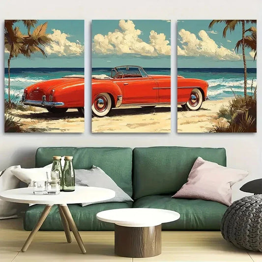 3pcs Retro Convertible on Beach Metal Print Ready to Hang Art