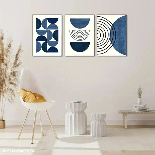 3pcs Blue Geometric Pattern Decorative Poster Metal Print Ready to Hang Art