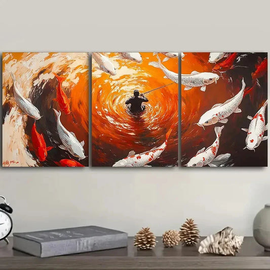 3pcs Vibrant Koi Fish & Fisherman Scene, Metal Print Ready to Hang Art