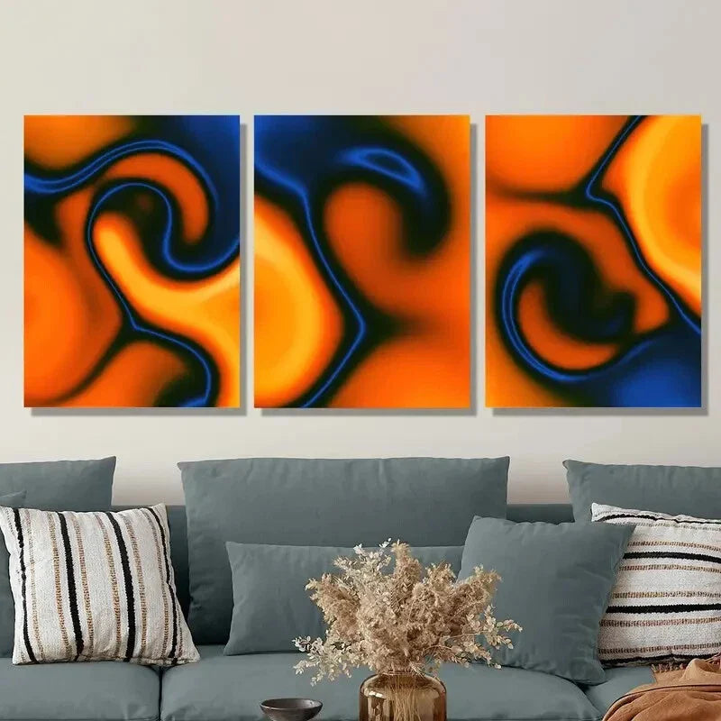 3pcs Orange &amp; Blue Dynamic Line Drawing Metal Print Ready to Hang Art
