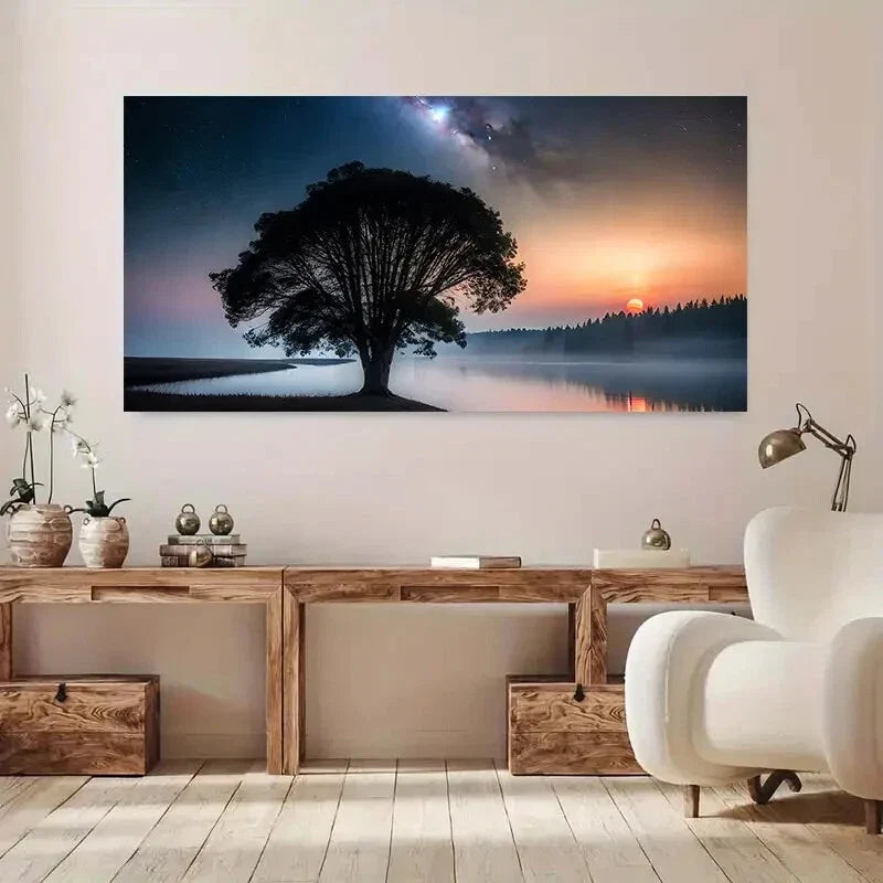 Full Moon & Tree Lake Sky wall canvas office home room framed 120x60cm
