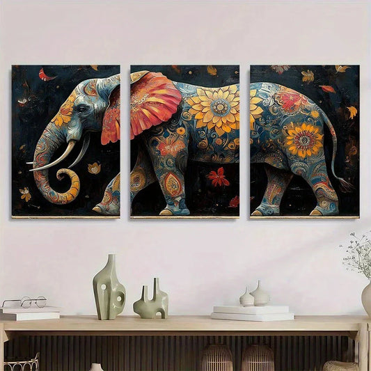 3pcs Vibrant Boho Elephant Floral Designs Metal Print Ready to Hang Art