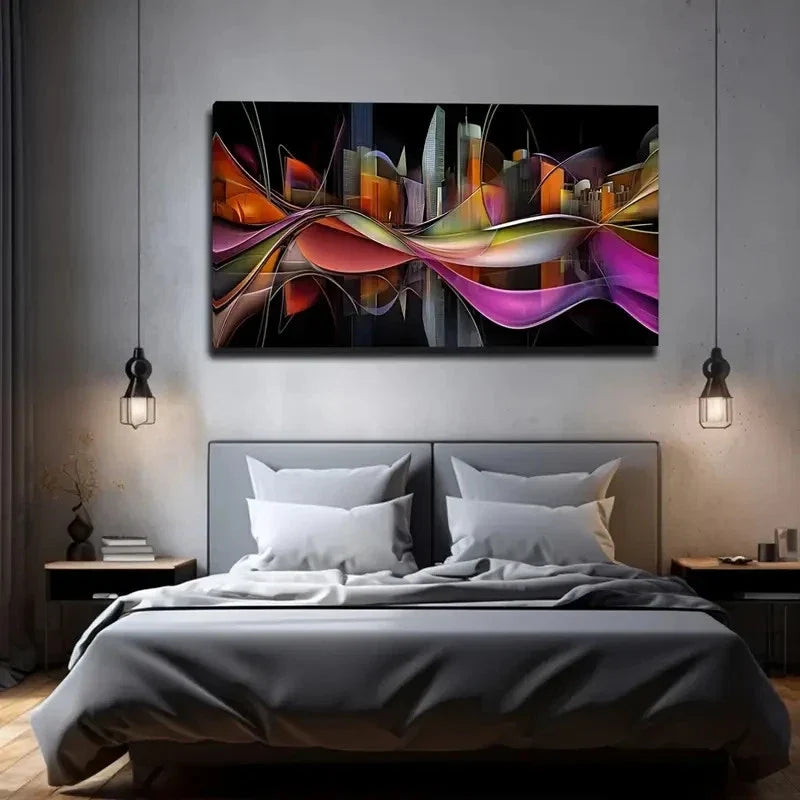 Cityscape With Colorful Stripes Wall Art Canvas Office Home Room Framed 120x60cm