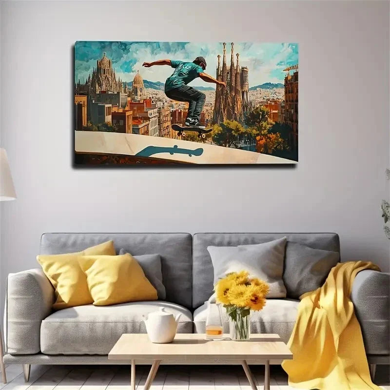 Skateboarder In Barcelona City Wall Art Canvas Office Home Room Framed 120x60cm