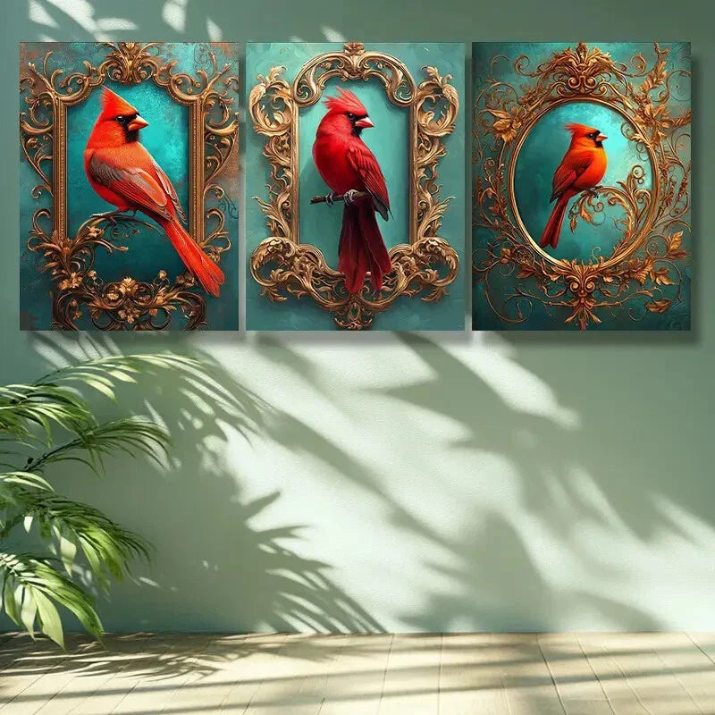 3pcs Red bird Art Painting  Metal Print Ready to Hang Art