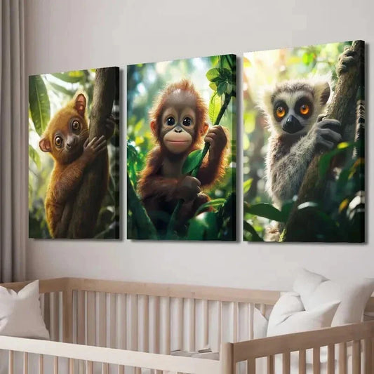 3pcs Golden Bear & Lemur in the Jungle Wall Art Set Canvas Framed 40x60cm - High Quality Print 100% Australian Made Wall Canvas Ready to Hang