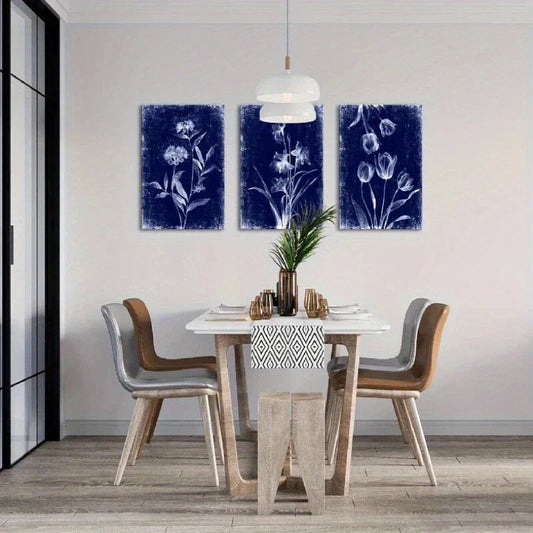 3pcs Navy Blue Plant Modern Decoration Metal Print Ready to Hang Art