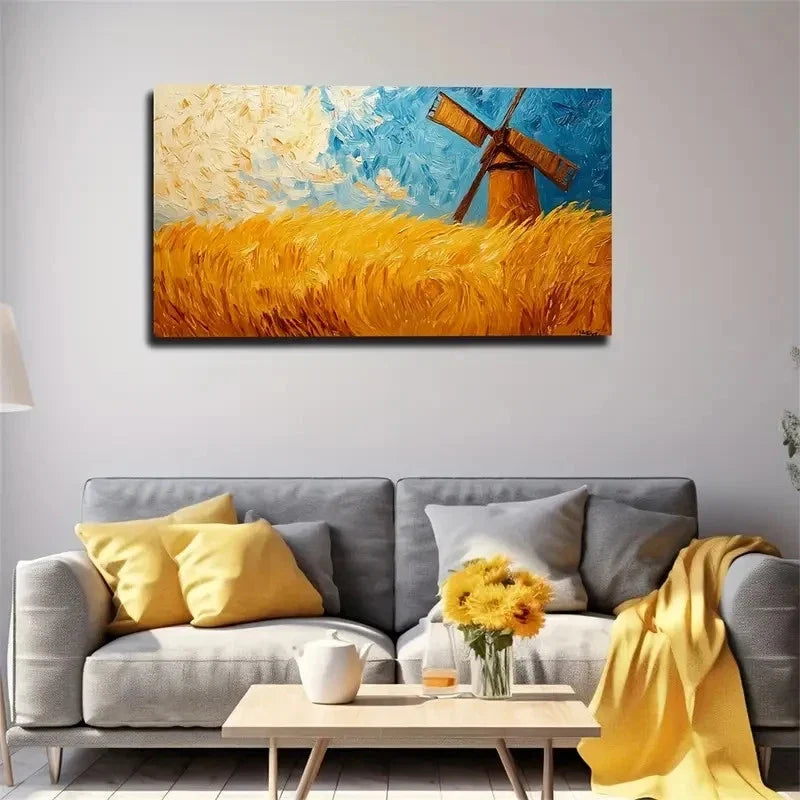 Majestic Wheat Field Windmill Wall Art Canvas Office Home Room Framed 120x60cm