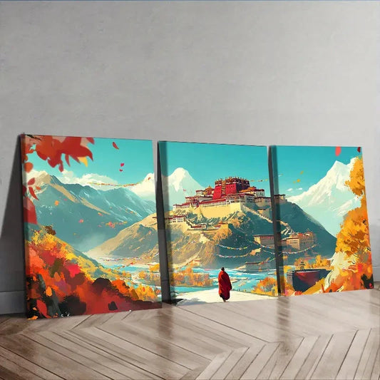 3pcs Potala Palace Autumn Landscape Wall Art Set Canvas Framed 40x60cm - High Quality Print 100% Australian Made Wall Canvas Ready to Hang