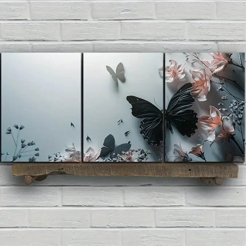 3pcs Black Butterfly White Flowers Leaves Metal Print Ready to Hang Art
