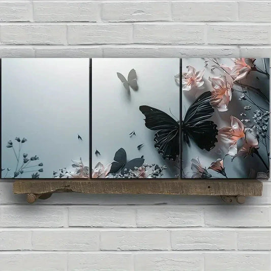 3pcs Black Butterfly White Flowers Leaves Metal Print Ready to Hang Art