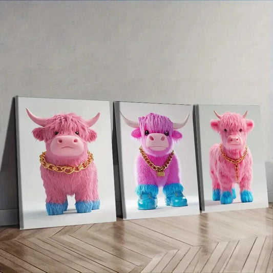 3pcs Pink Highland Cattle  Wall Art Set Canvas Framed 40x60cm - High Quality Print 100% Australian Made Wall Canvas Ready to Hang