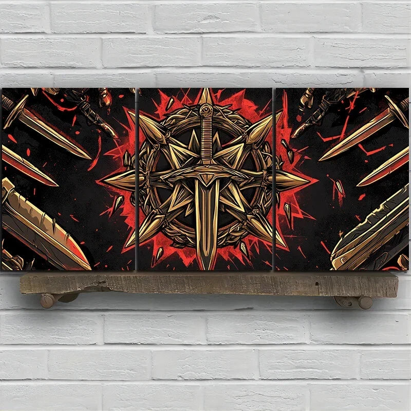 3pcs Medieval Sword and Skeletons Metal Print Ready to Hang Art